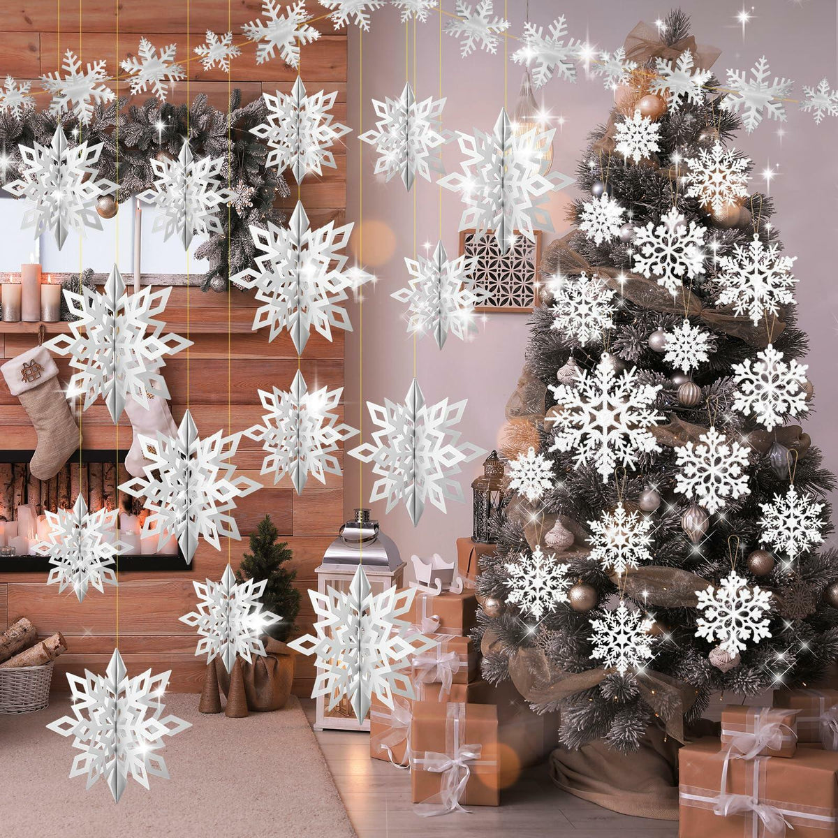 Set de 12 adornos navideños de copos de nieve 3D Fullhawl, decoración colgante blanca