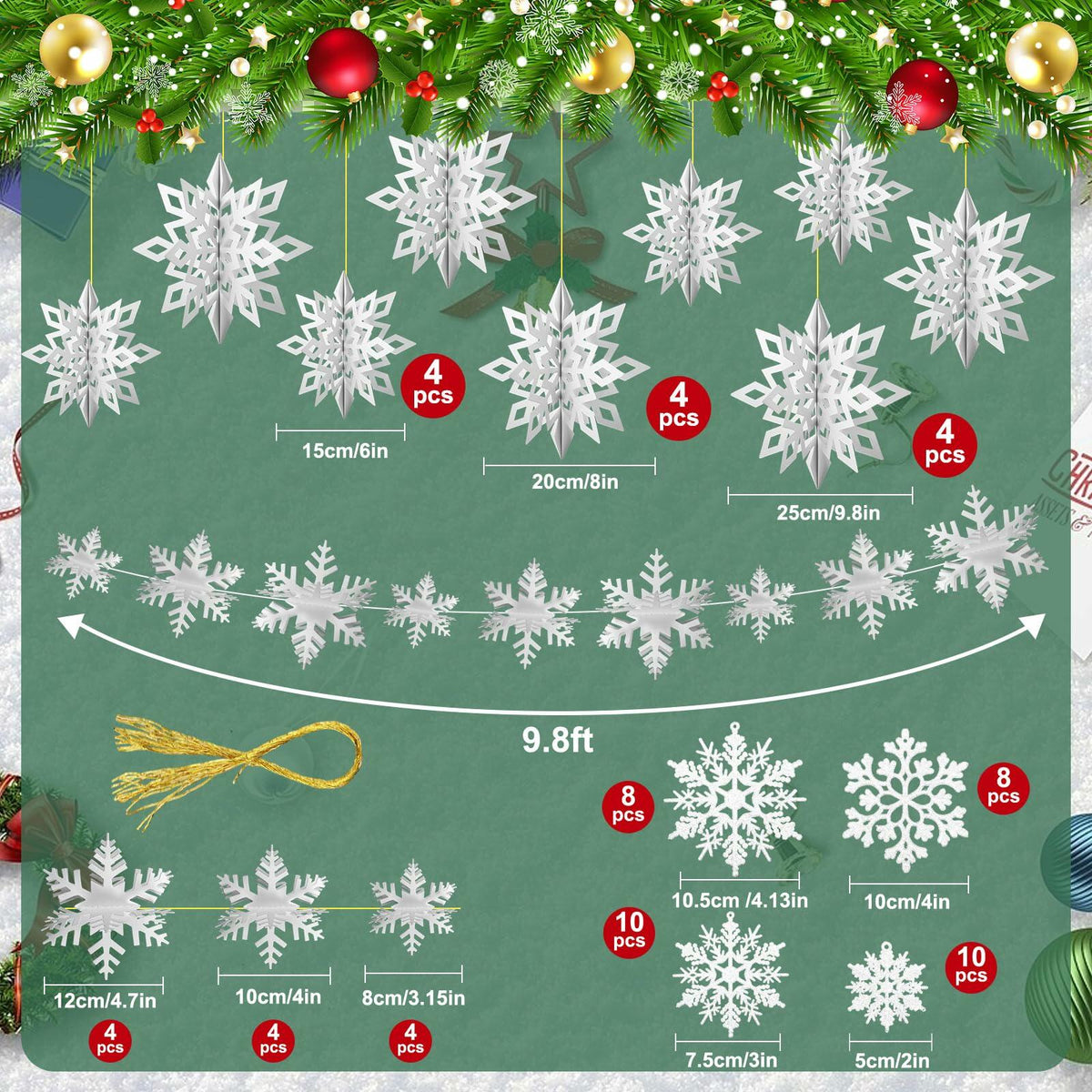 Set de 12 adornos navideños de copos de nieve 3D Fullhawl, decoración colgante blanca