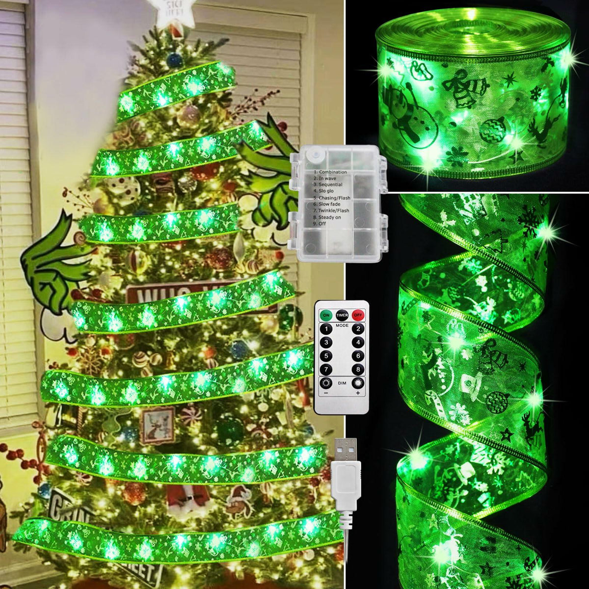 Luces de cinta para árbol de Navidad Vloso, 66 pies, 200 LED, control remoto, temporizador, a pilas y USB