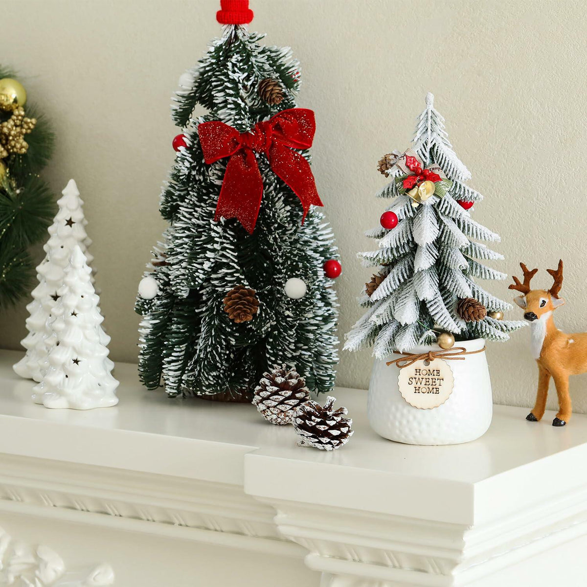 Árbol de Navidad de mesa LED de 16 pulgadas HOMCDALY con lazo rojo para decoración de interiores