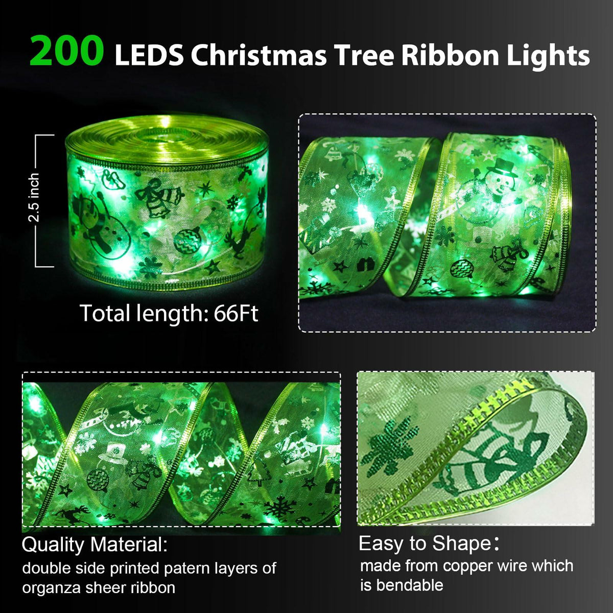 Luces de cinta para árbol de Navidad Vloso, 66 pies, 200 LED, control remoto, temporizador, a pilas y USB