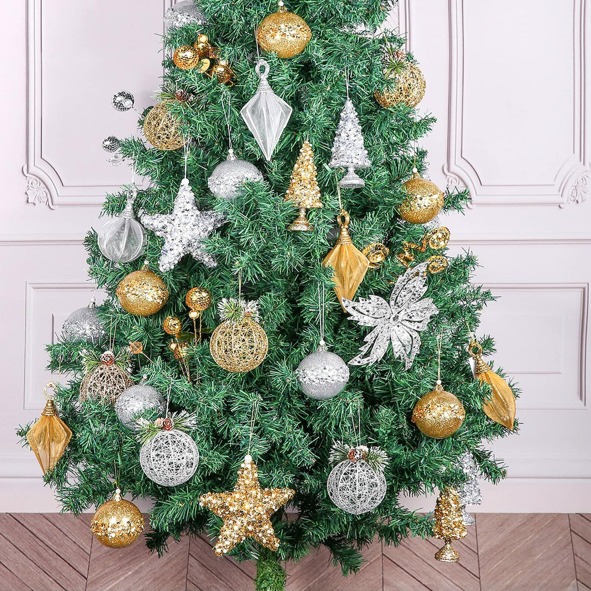 Christmas Ball Ornaments 4pc Silver Pinecone Rattan Thread String Decor