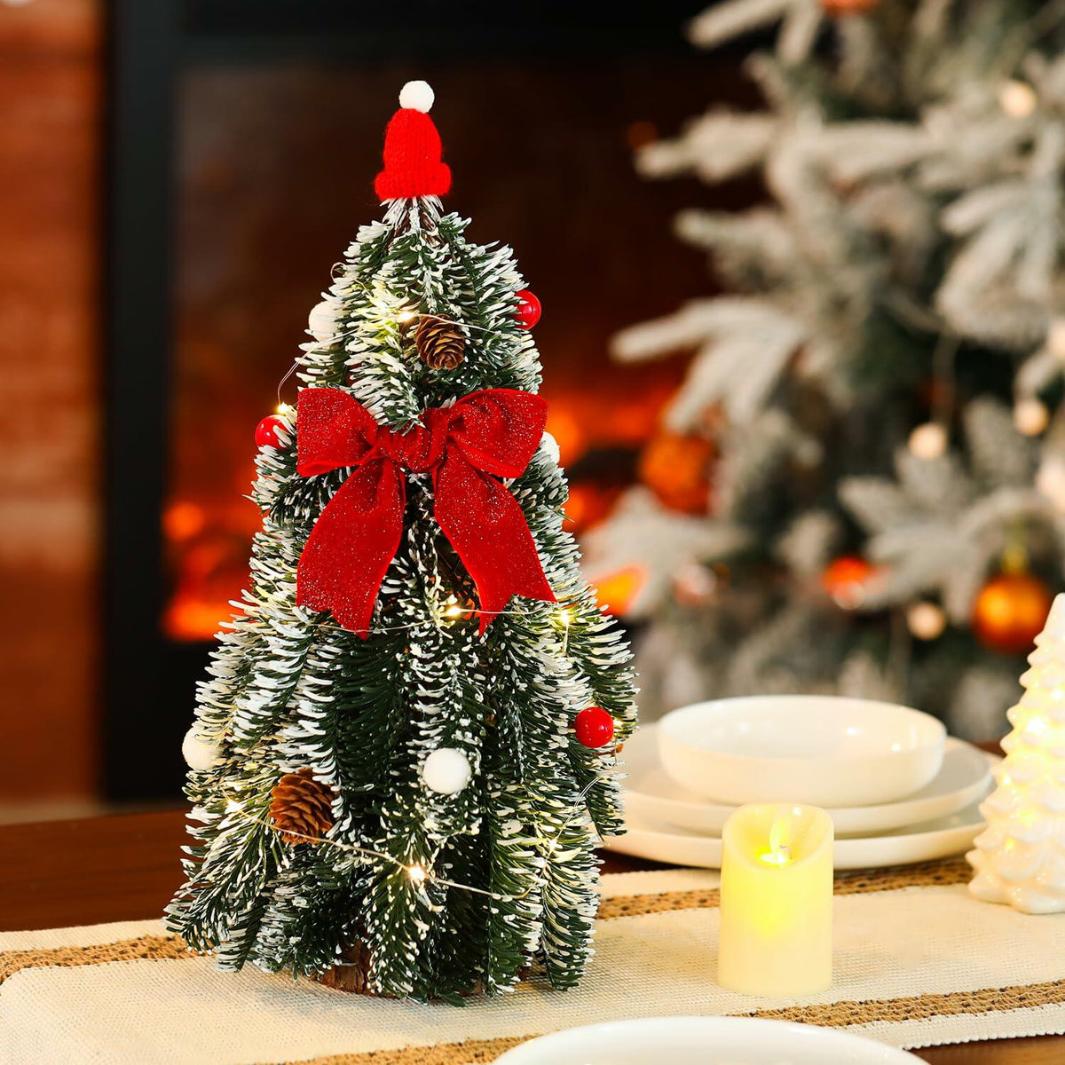 Árbol de Navidad de mesa LED de 16 pulgadas HOMCDALY con lazo rojo para decoración de interiores