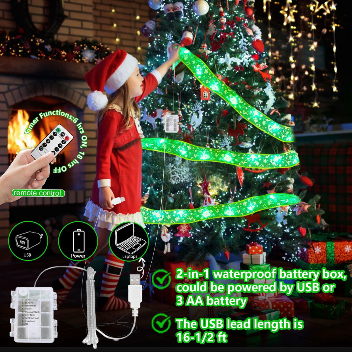Luces de cinta para árbol de Navidad Vloso, 66 pies, 200 LED, control remoto, temporizador, a pilas y USB