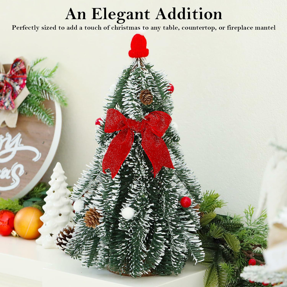 Árbol de Navidad de mesa LED de 16 pulgadas HOMCDALY con lazo rojo para decoración de interiores