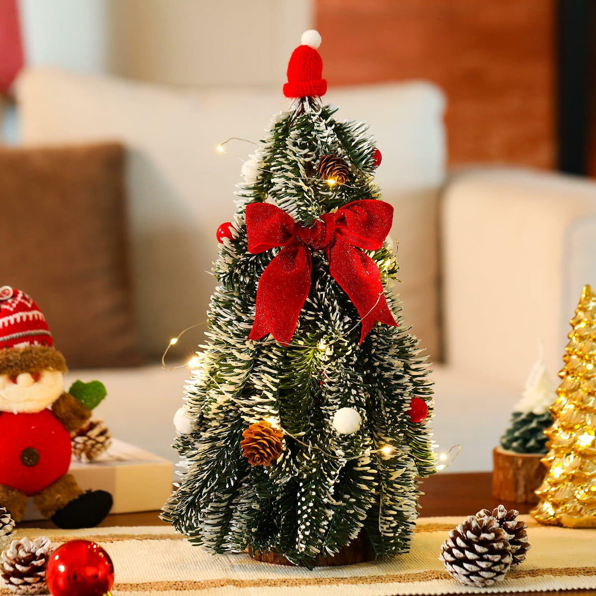 Árbol de Navidad de mesa LED de 16 pulgadas HOMCDALY con lazo rojo para decoración de interiores