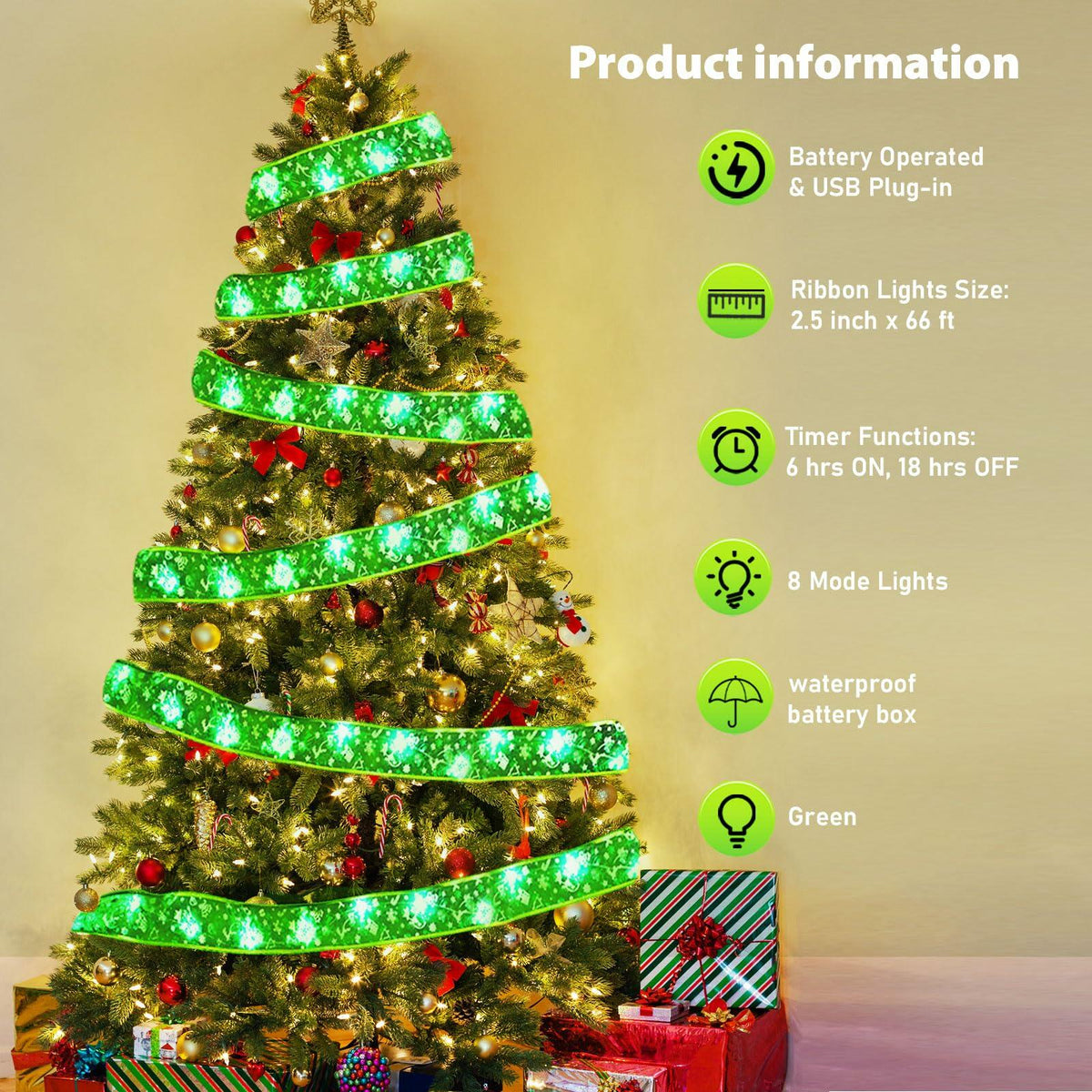 Luces de cinta para árbol de Navidad Vloso, 66 pies, 200 LED, control remoto, temporizador, a pilas y USB