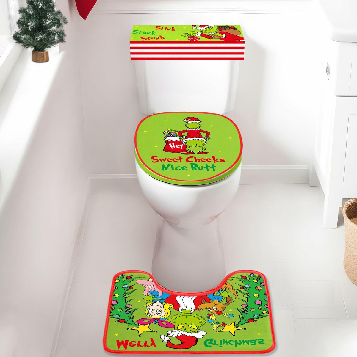 Set de fundas para inodoro navideñas divertidas, 4 piezas, decoración de baño para intercambio de regalos (White Elephant)