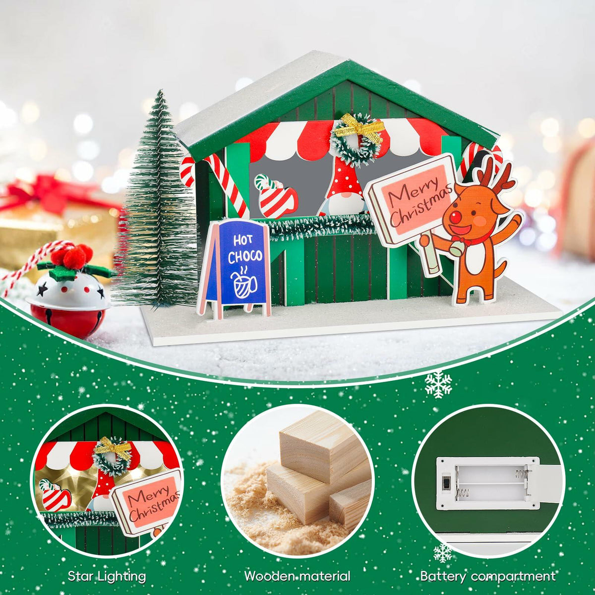 Set de decoración de casa de pueblo navideño con luz LED Zqoyn con ciervo, decoración de mesa para interiores