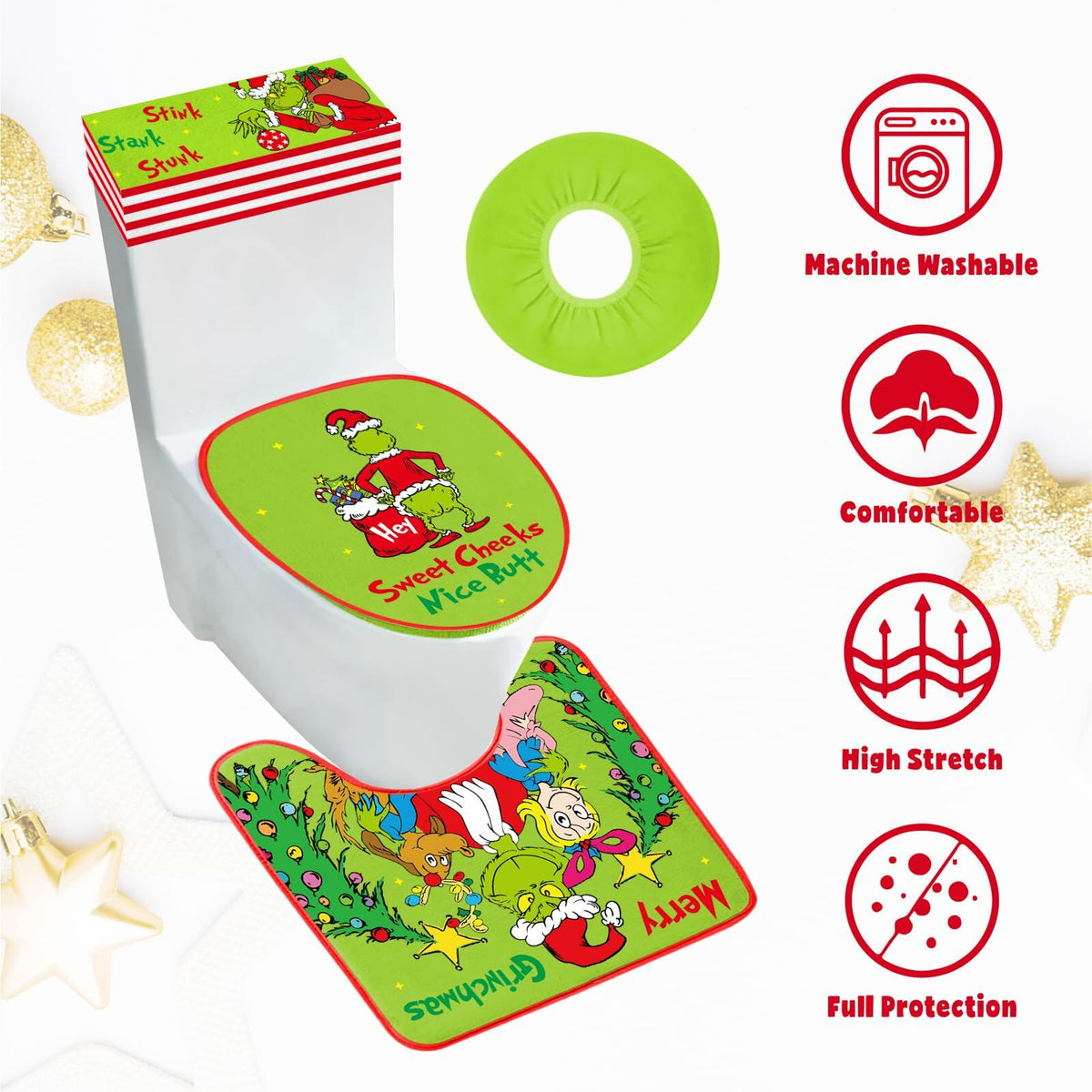 Set de fundas para inodoro navideñas divertidas, 4 piezas, decoración de baño para intercambio de regalos (White Elephant)