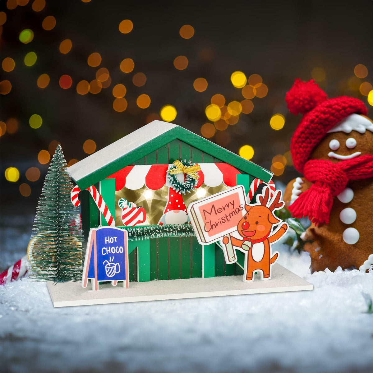 Set de decoración de casa de pueblo navideño con luz LED Zqoyn con ciervo, decoración de mesa para interiores