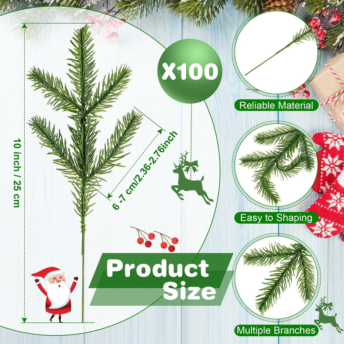 100 piezas de agujas de pino artificiales, 25 cm, verdes, accesorios de Navidad para manualidades