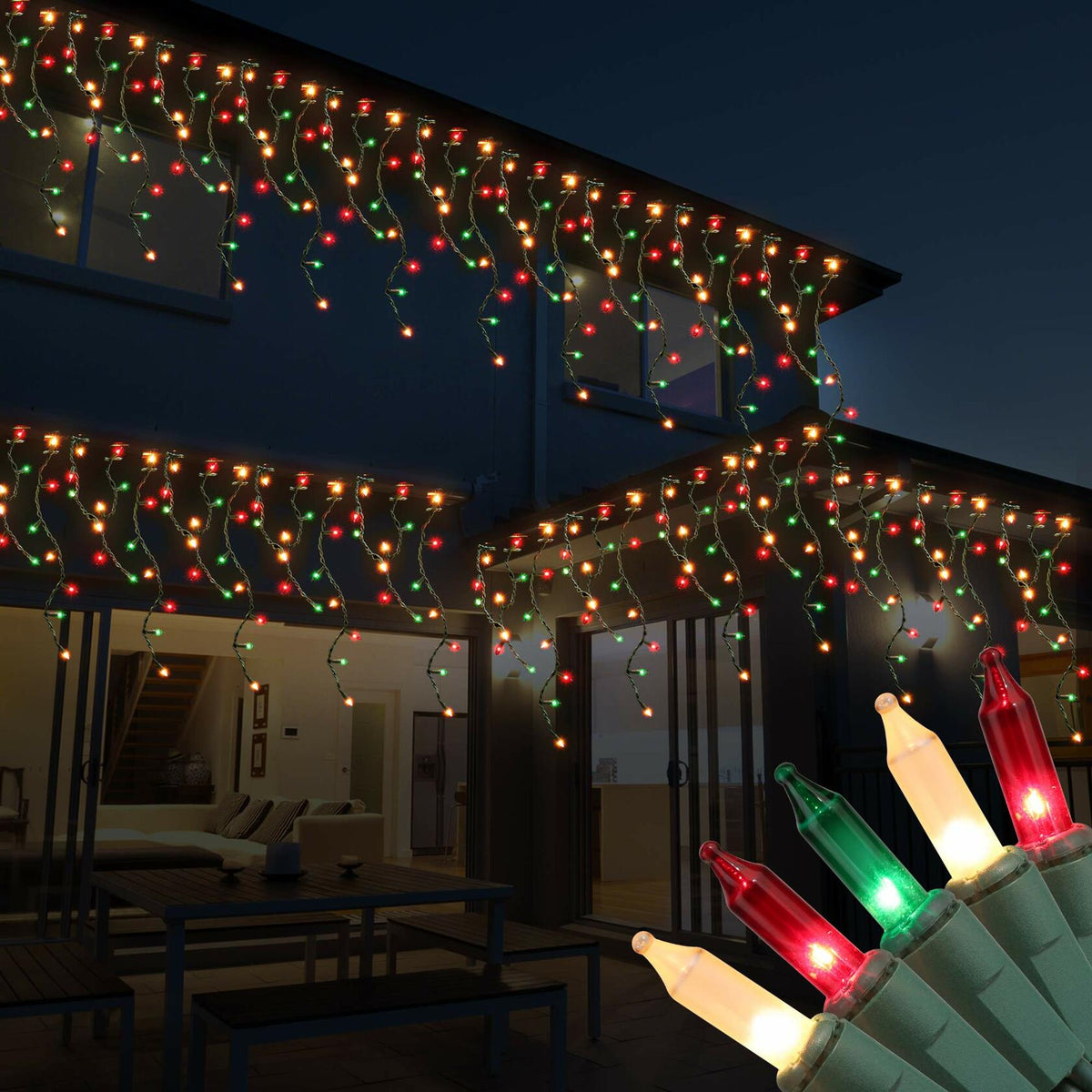 Luces de cortina navideñas de carámbanos RECESKY de 7.7 pies y 100 luces multicolor para interiores y exteriores