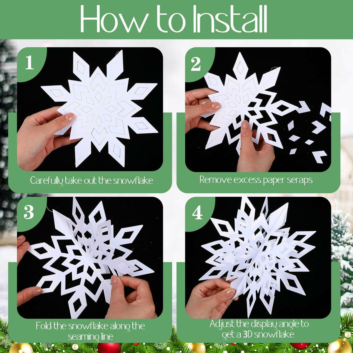 Set de 12 adornos navideños de copos de nieve 3D Fullhawl, decoración plateada