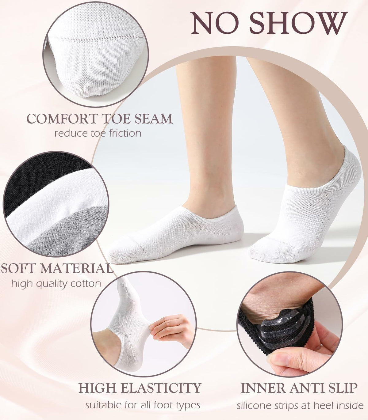 Breslatte No Show Socks Womens Men Soft Cotton Nonslip 6pairs Black Grey White S