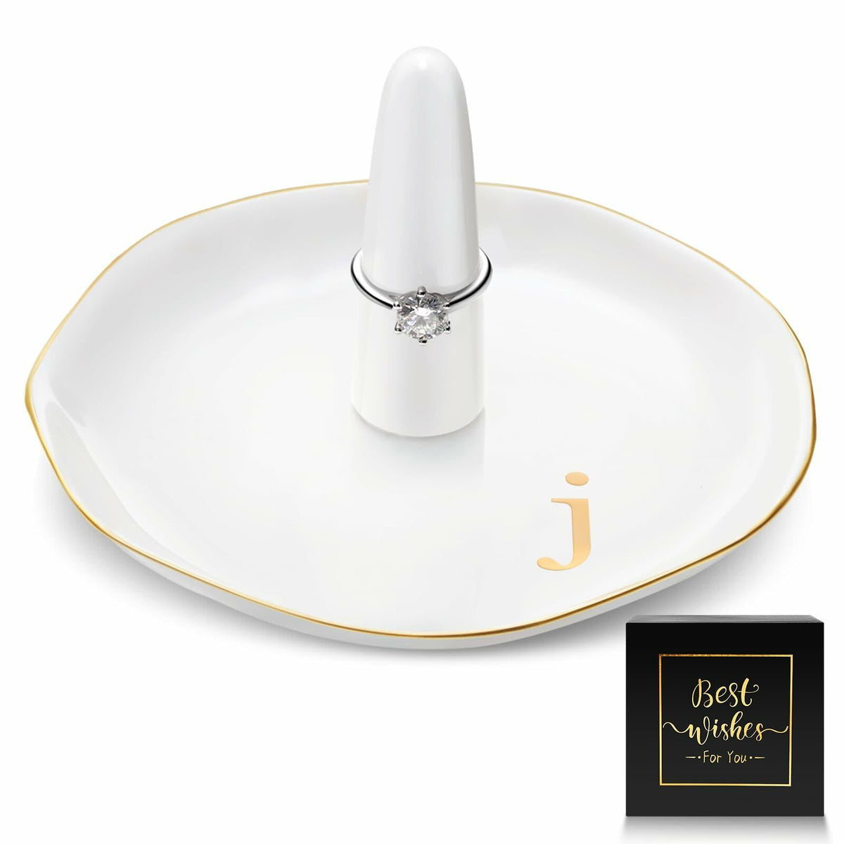 Bandeja de cerámica para joyas Beeveer con inicial de la A a la Z, 4.5x2.4'', blanca