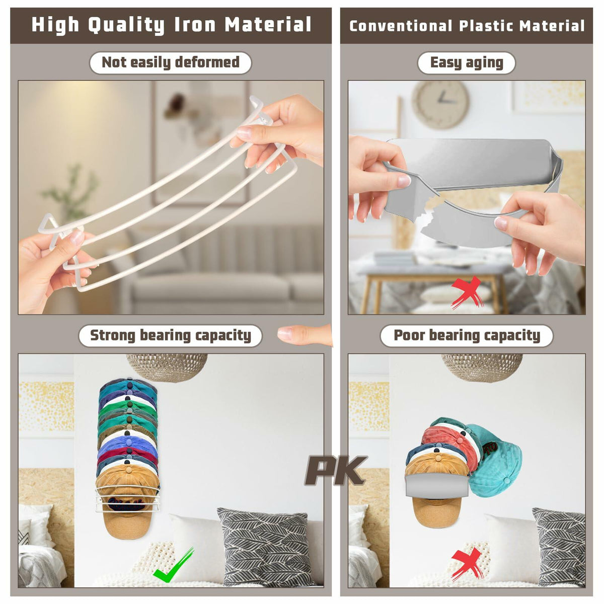 Organizador de pared para gorras de béisbol Fikoksol, de metal, 2 piezas, negro