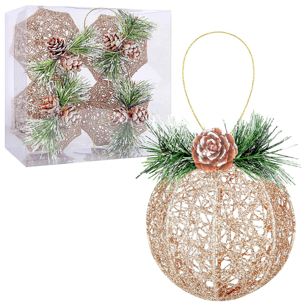 [Como nuevo] Juego de 4 adornos navideños de bolas de ratán con forma de piña color champán
