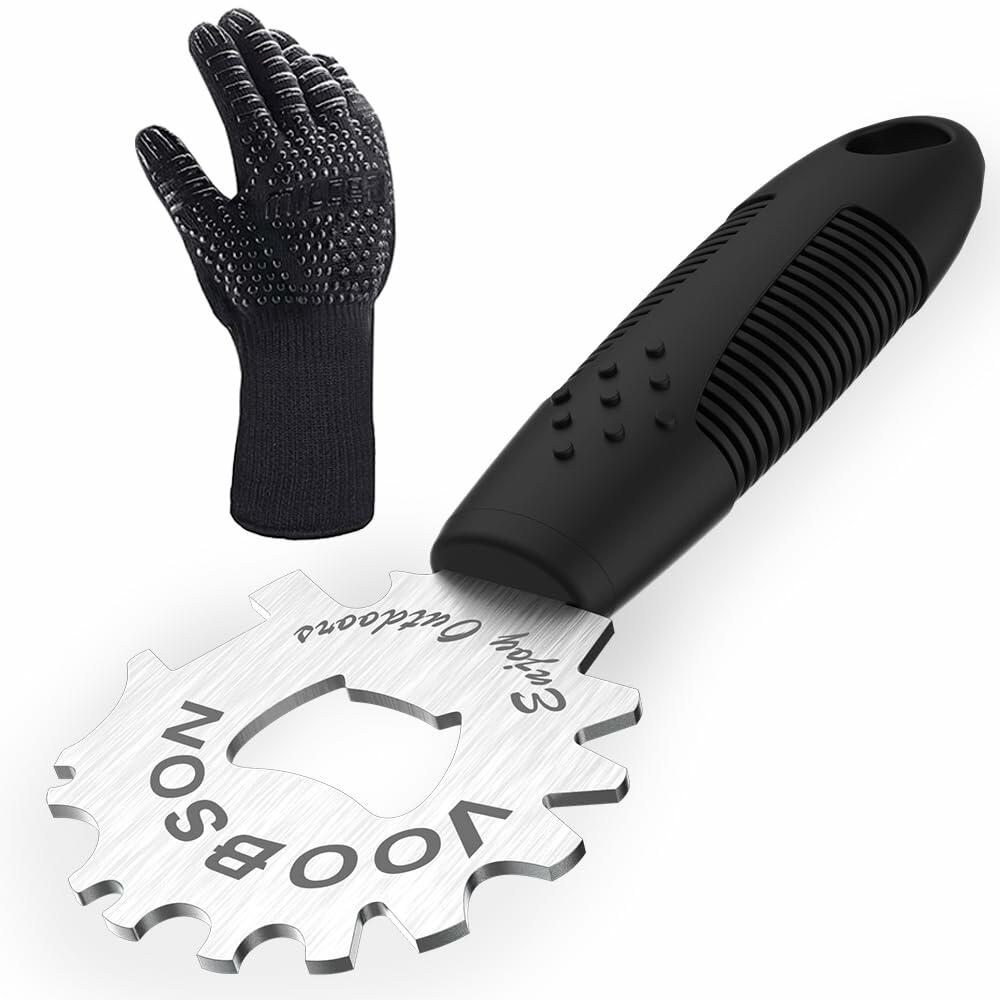 Raspador de parrilla VOOBSON de acero inoxidable con mango extendido y abrebotellas, incluye guantes