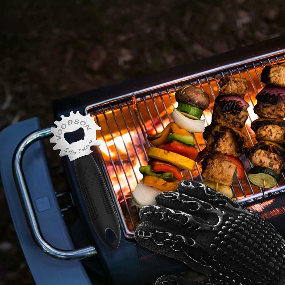Raspador de parrilla VOOBSON de acero inoxidable con mango extendido y abrebotellas, incluye guantes
