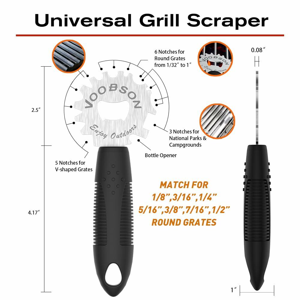 Raspador de parrilla VOOBSON de acero inoxidable con mango extendido y abrebotellas, incluye guantes