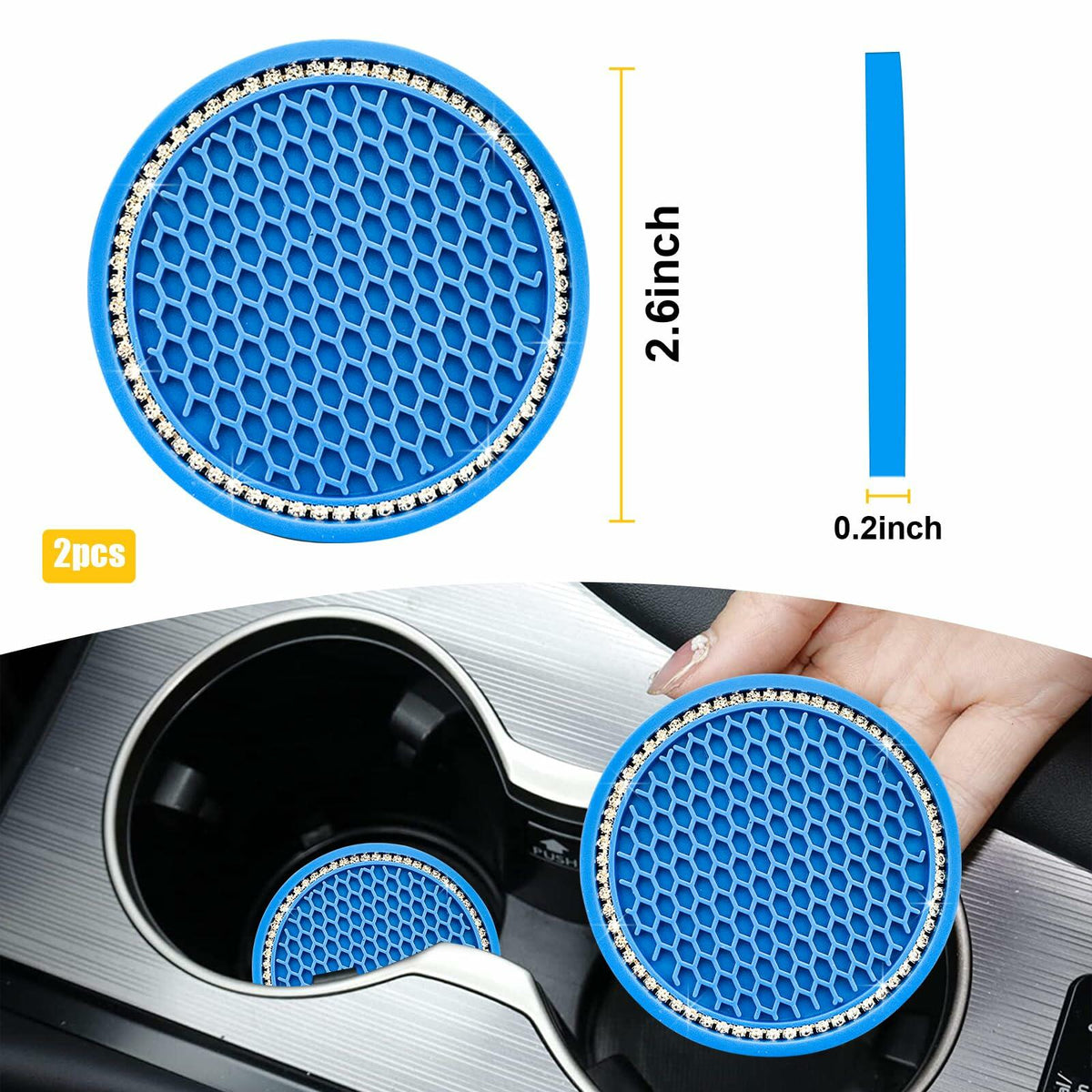 Ohleats 2 piezas posavasos para coche de 2.75" de silicona con diamantes de imitación, color azul claro y blanco