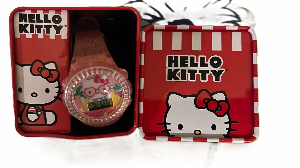 Reloj LCD Sanrio Hello Kitty para niños, correa rosa con brillantina, bisel iridiscente