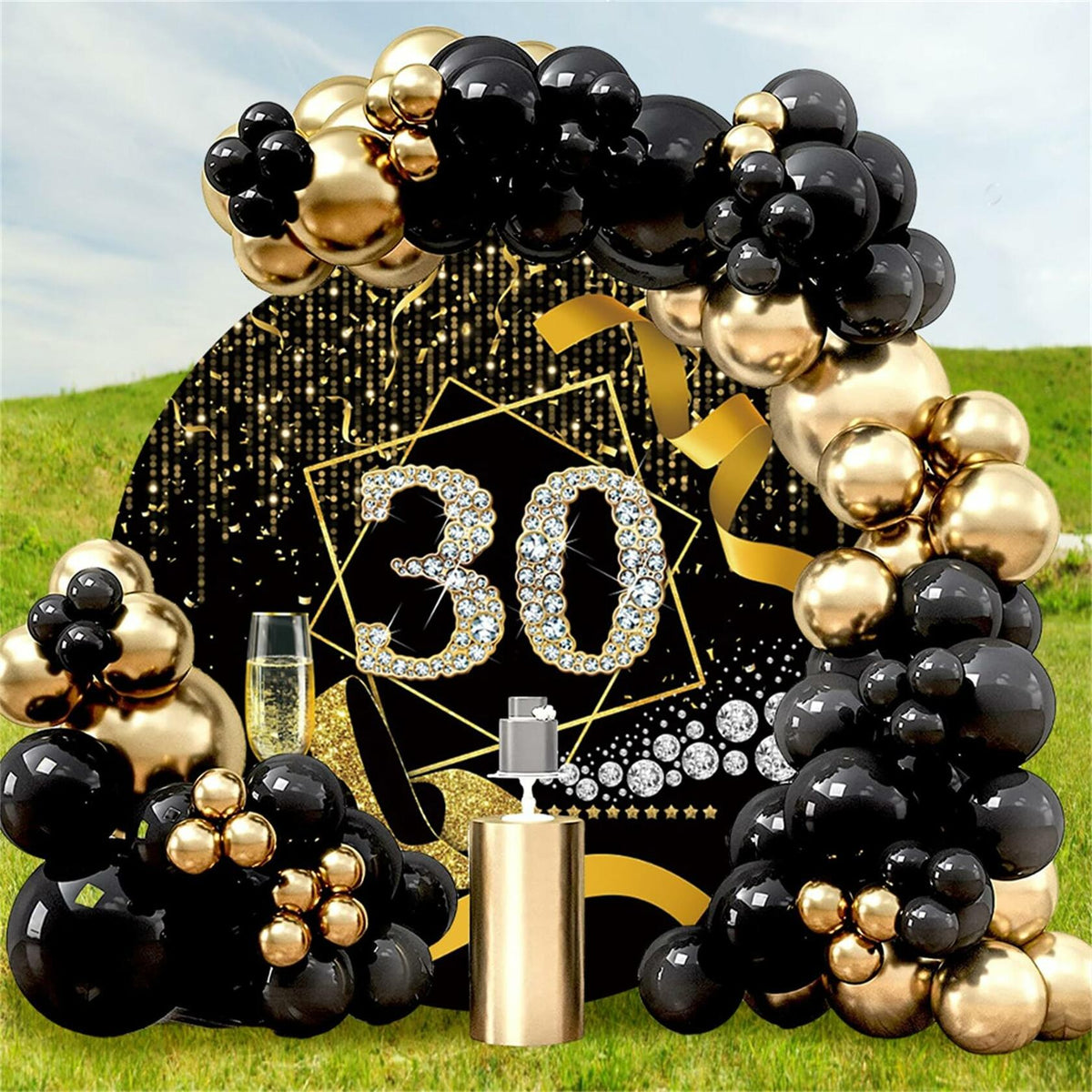 Telón de fondo redondo de 7.5 pies para 30 cumpleaños de Baocicco, con diseño de cinta brillante en negro y dorado