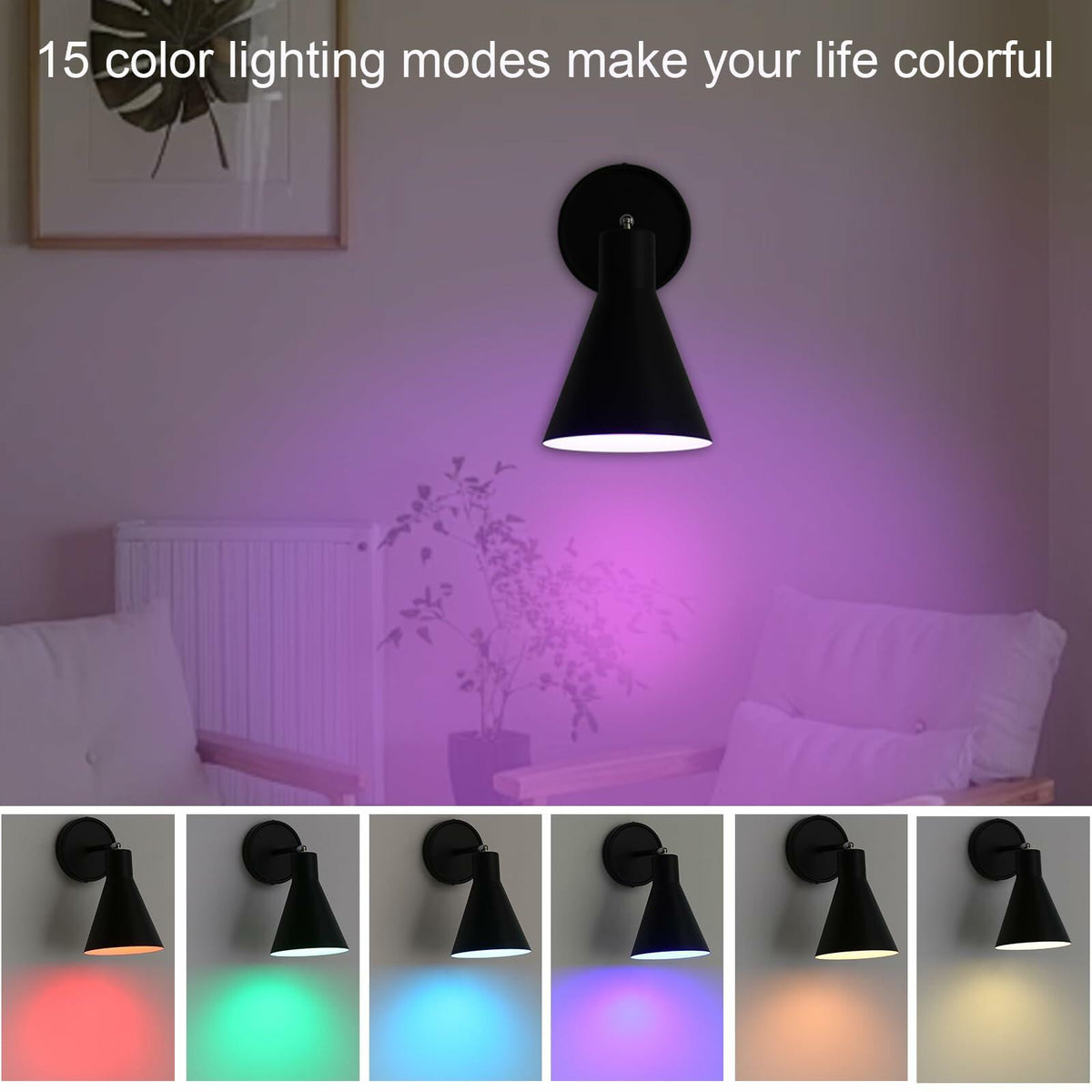 Aplique de pared LED RGB moderno, regulable, a pilas, color negro, de FILIMITIY