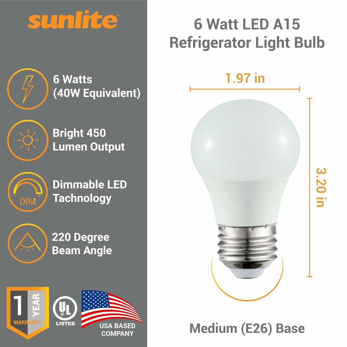 Bombilla LED A15 para refrigerador Sunlite, 6W, 450 lúmenes, base E26, regulable, esmerilada, 5000K, 1 unidad