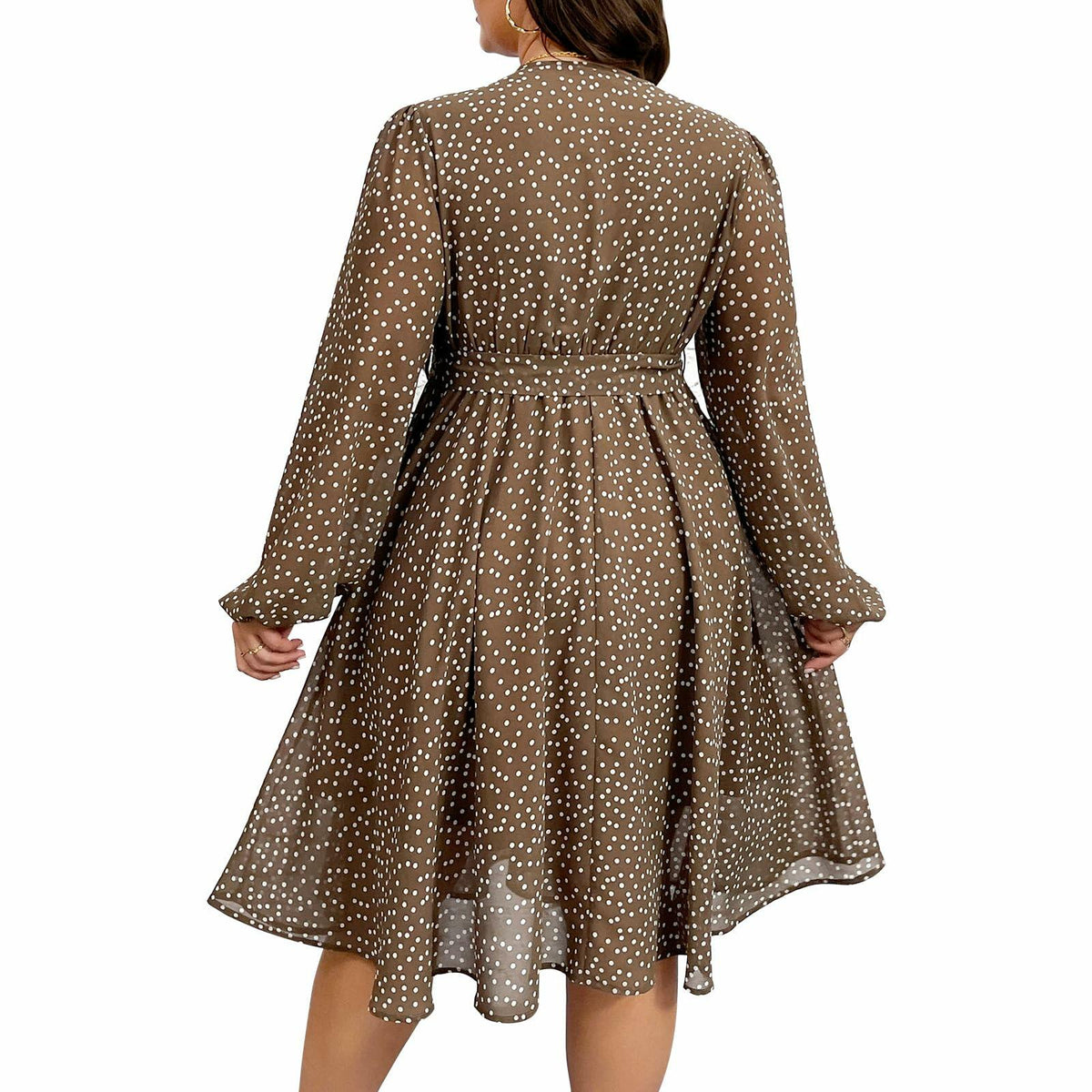 Vestido RWJ de gasa talla grande con cuello en V, punto suizo y cinturón, manga larga, color café, talla plus