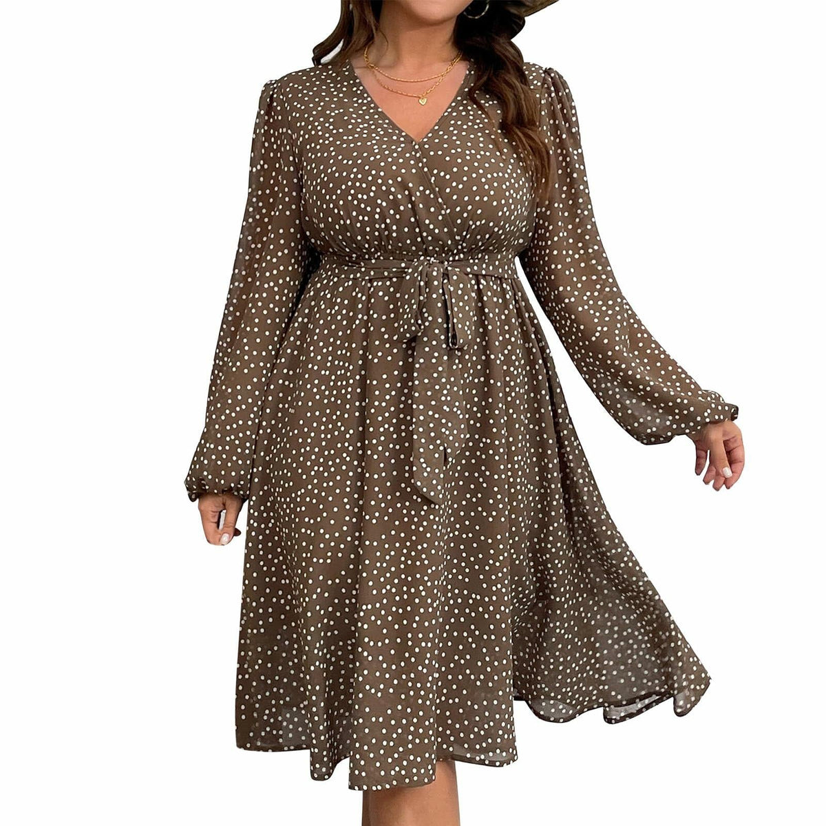 Vestido RWJ de gasa talla grande con cuello en V, punto suizo y cinturón, manga larga, color café, talla plus