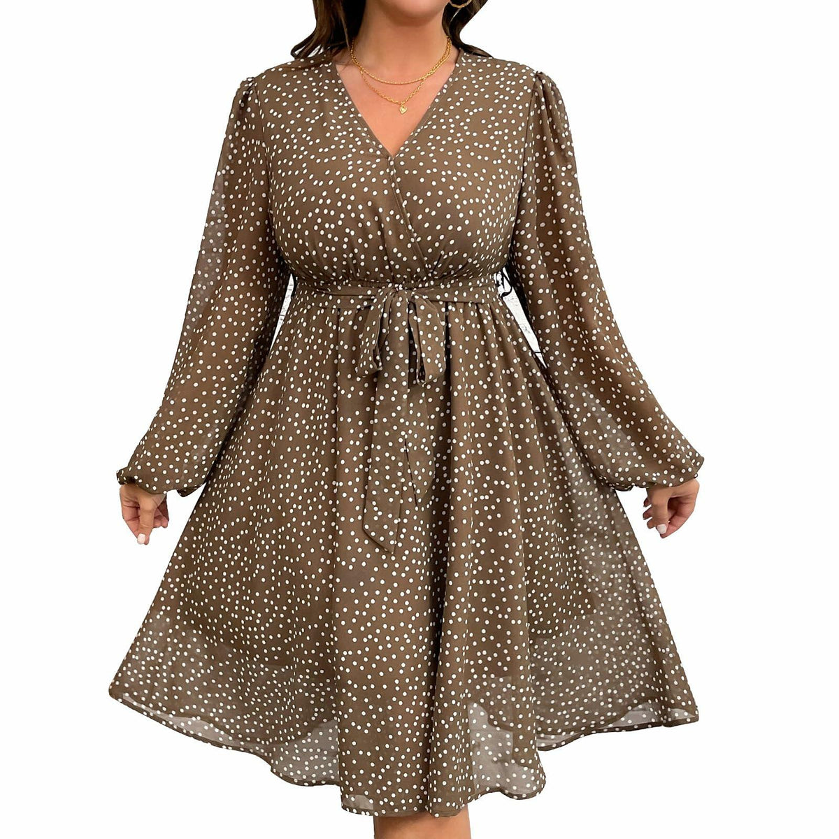 Vestido RWJ de gasa talla grande con cuello en V, punto suizo y cinturón, manga larga, color café, talla plus