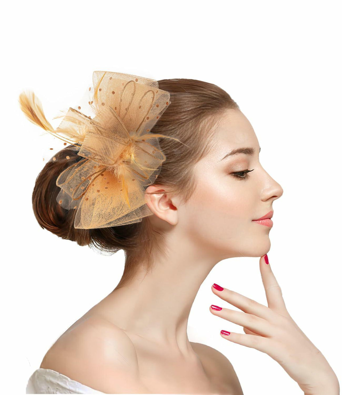 Tocado Unpifolov de flores, malla y plumas, amarillo oscuro