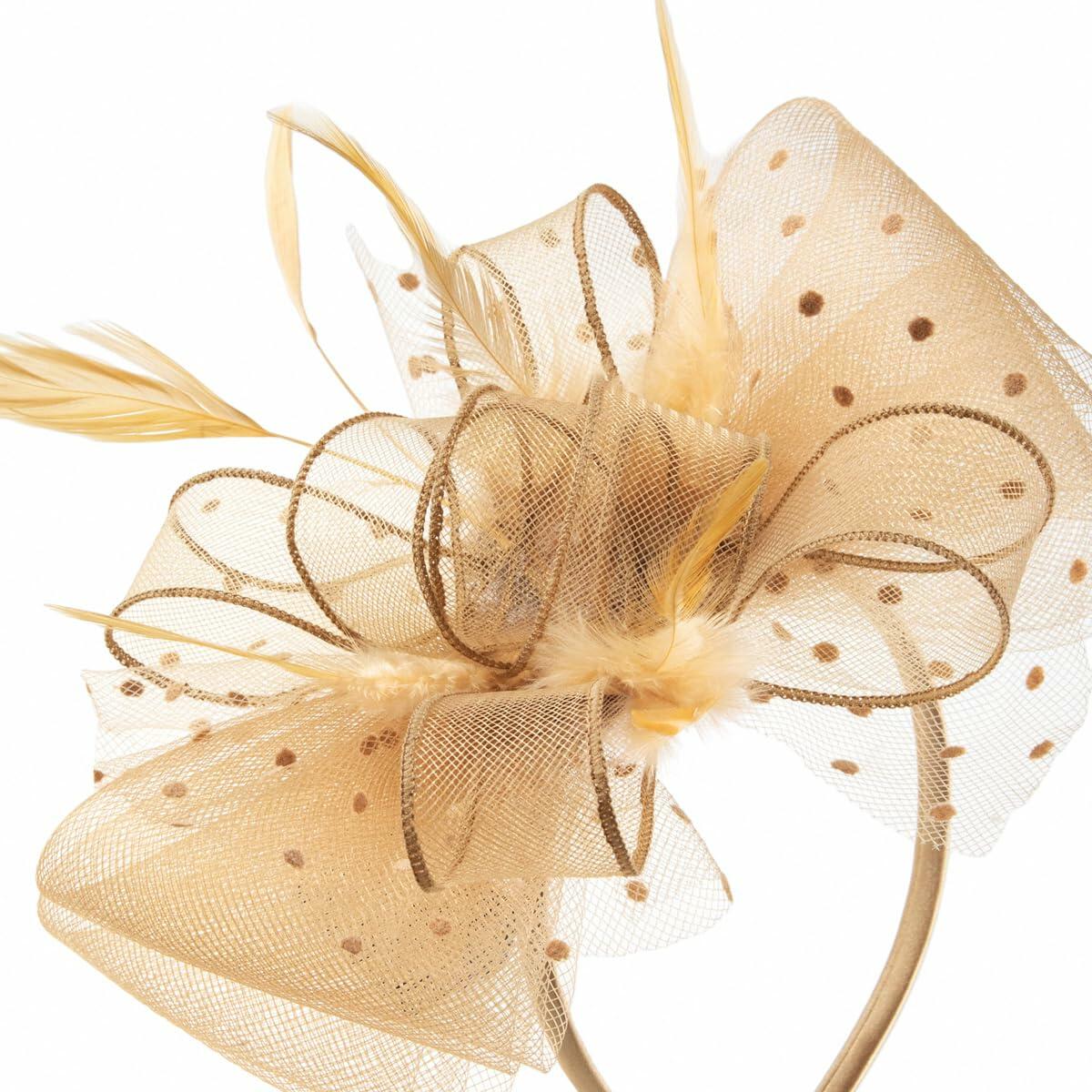 Tocado Unpifolov de flores, malla y plumas, amarillo oscuro