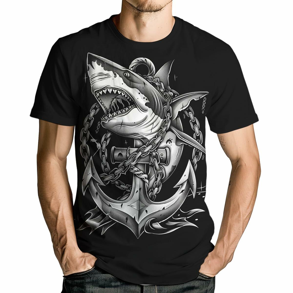 Camiseta negra de manga corta con diseño creativo de tiburón para hombre Faiwvhe, talla L