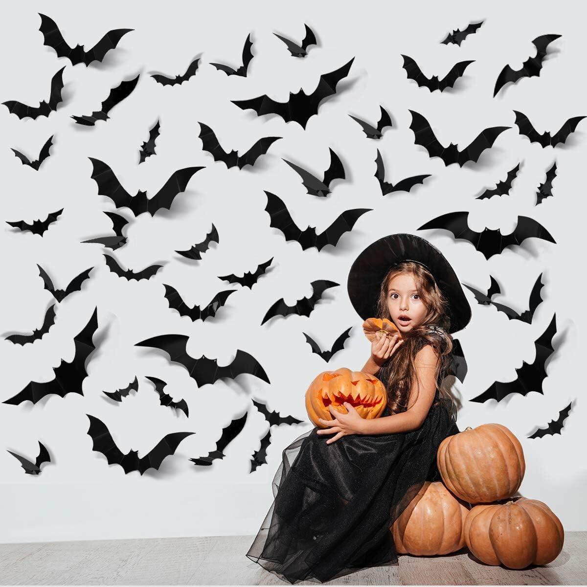 DZBJIPT 120 piezas de pegatinas de pared de murciélagos de Halloween en 3D, 4 tamaños, decoración de murciélagos negros