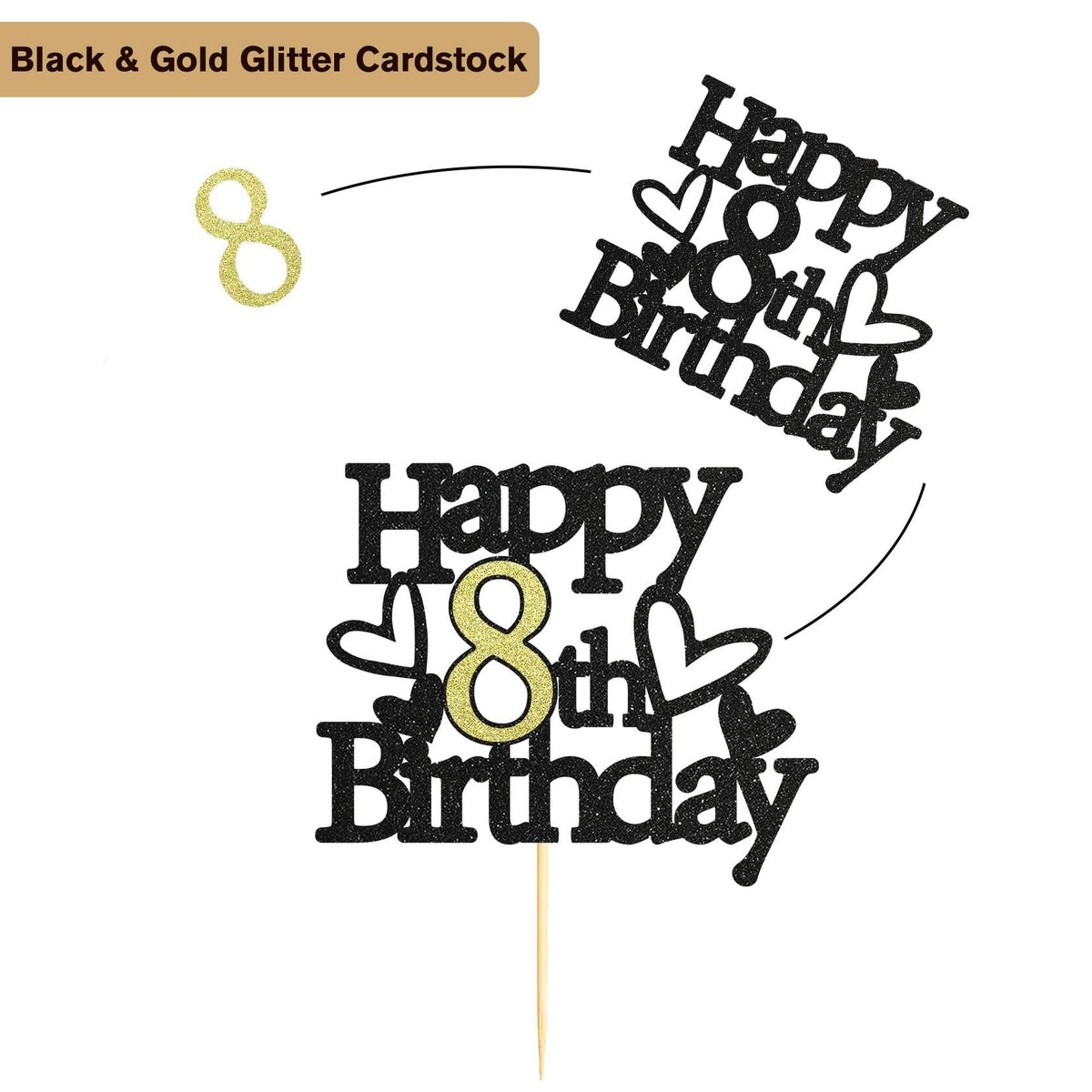 Decoración para pastel de 8º cumpleaños Sumerk, adorno con brillantina negra y dorada para fiestas