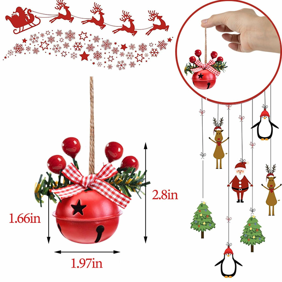 18 piezas de cascabeles navideños para adornos, decoración de árbol en rojo, blanco y verde