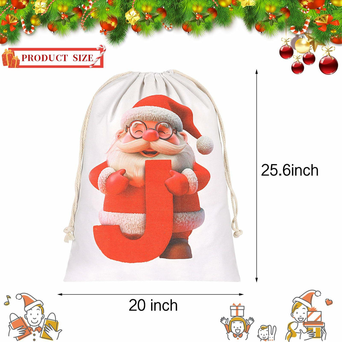 Saco de Navidad de lona CCINEE personalizado con letra J, cierre de cordón, rojo, 27x20 pulg.