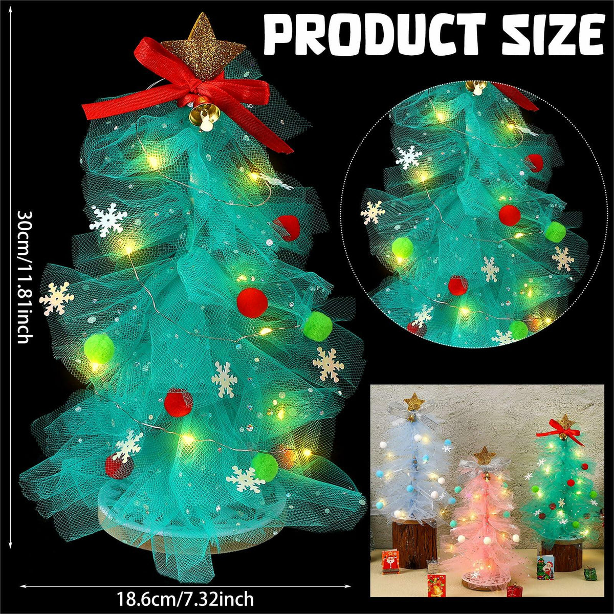 Kit de manualidades de árbol de Navidad de tul DIY de 12 pulgadas, juego de 3, con luz, Hungdao