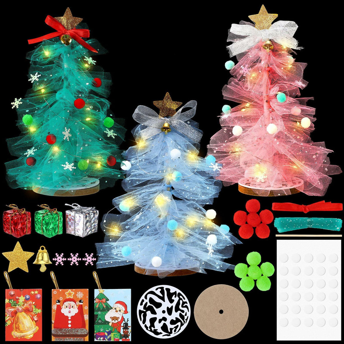 Kit de manualidades de árbol de Navidad de tul DIY de 12 pulgadas, juego de 3, con luz, Hungdao