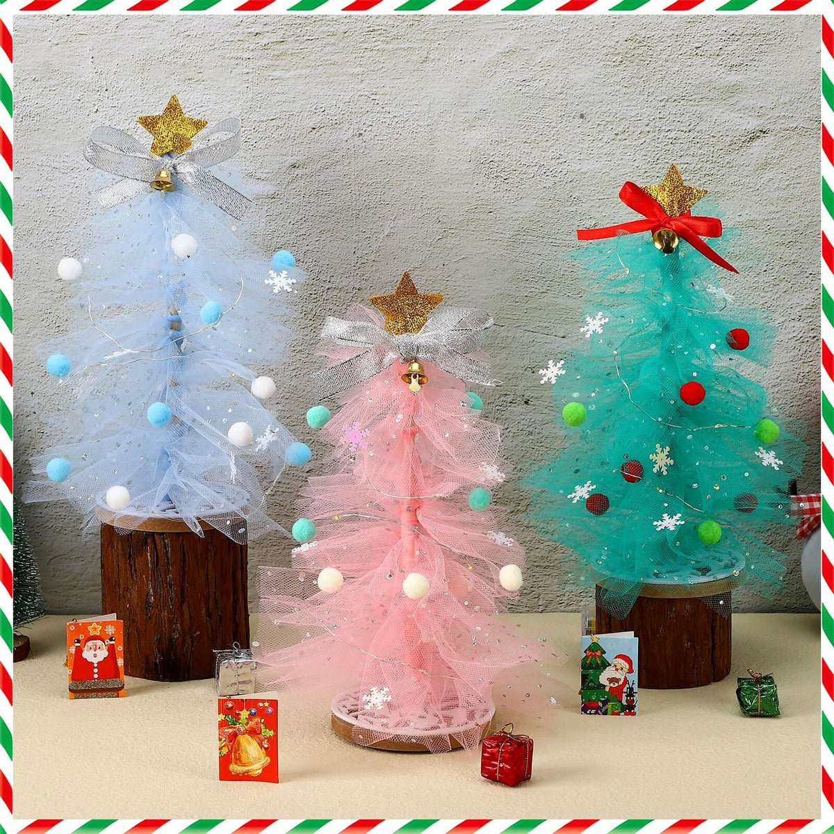 Kit de manualidades de árbol de Navidad de tul DIY de 12 pulgadas, juego de 3, con luz, Hungdao