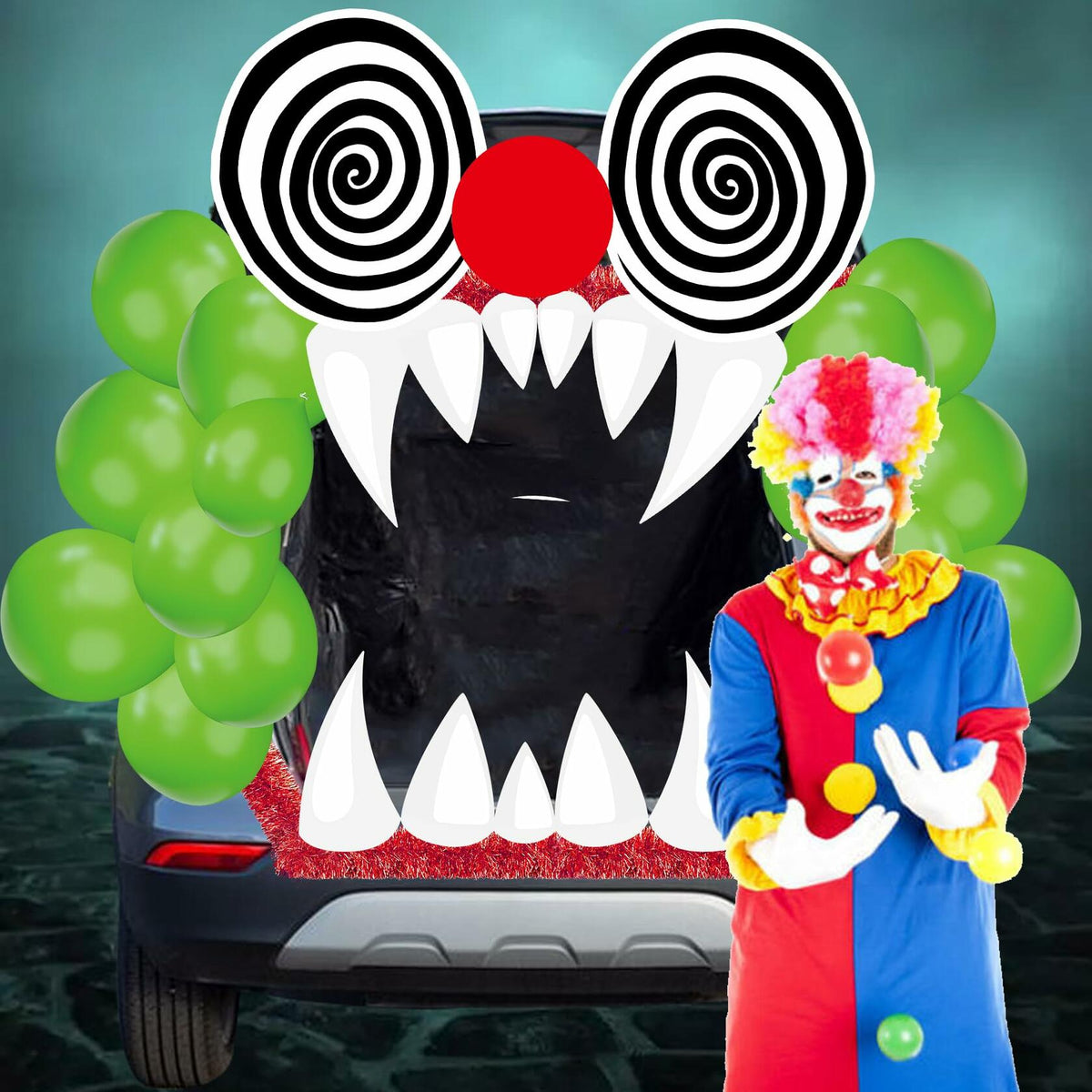 Kit de decoración para coche de Halloween Trunk or Treat, pegatinas de payaso, arco para puerta