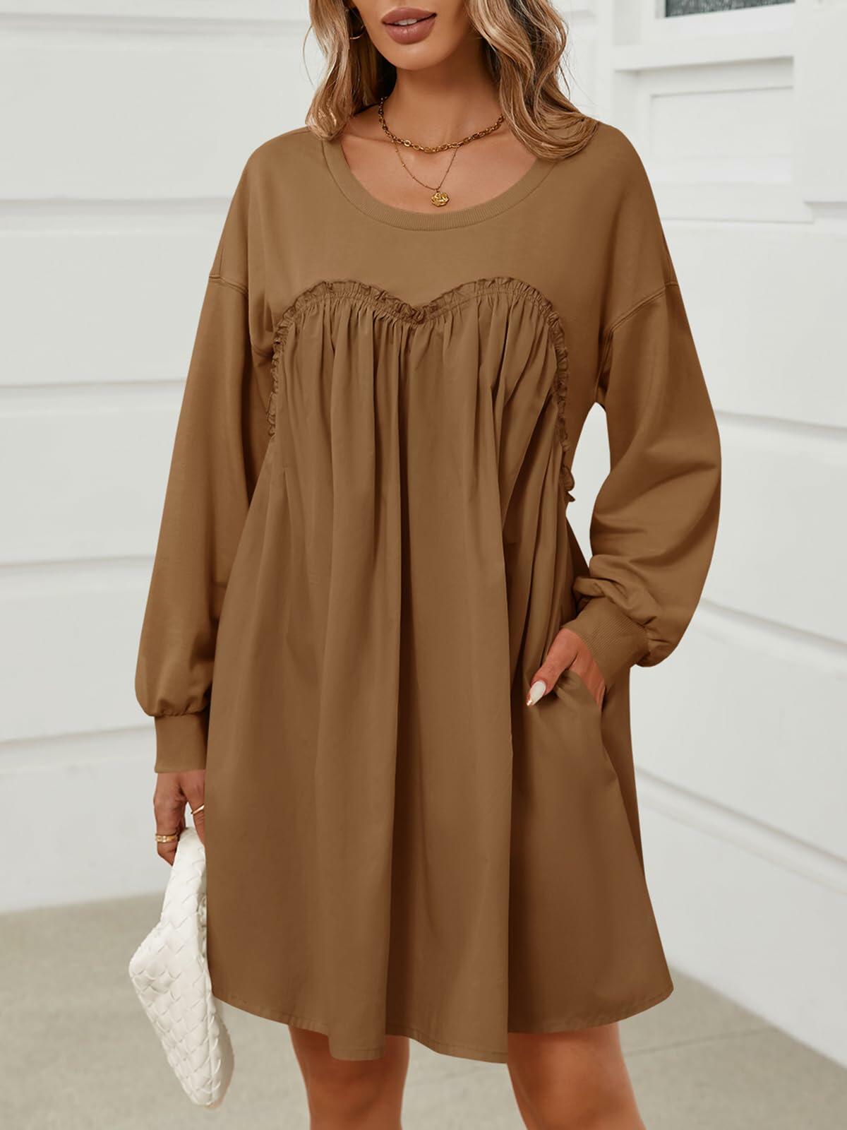 Vestido tipo sudadera de manga larga con parches para mujer Wenrine, color café, talla M