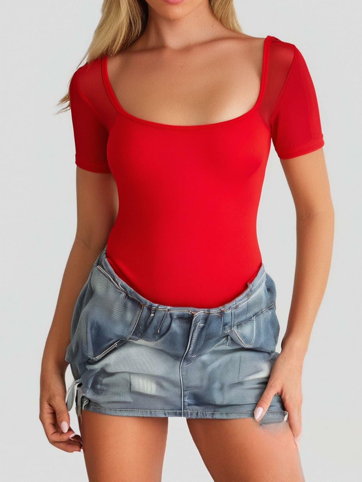 Body de mujer CRIPOM con cuello cuadrado y manga transparente, color rojo, talla XL