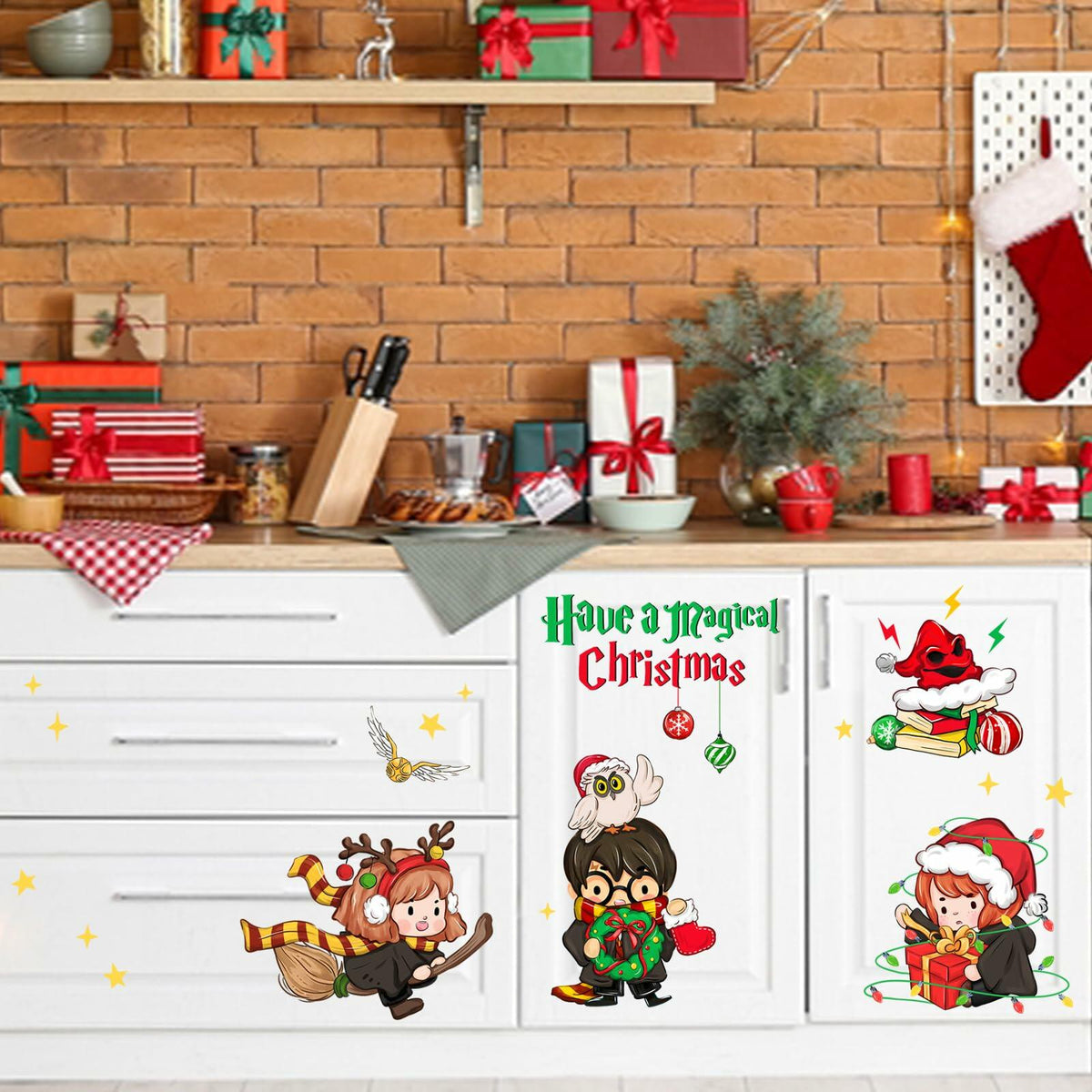 Pegatinas decorativas de pared de Navidad mágica de Mfault, decoración de búho mago de Navidad