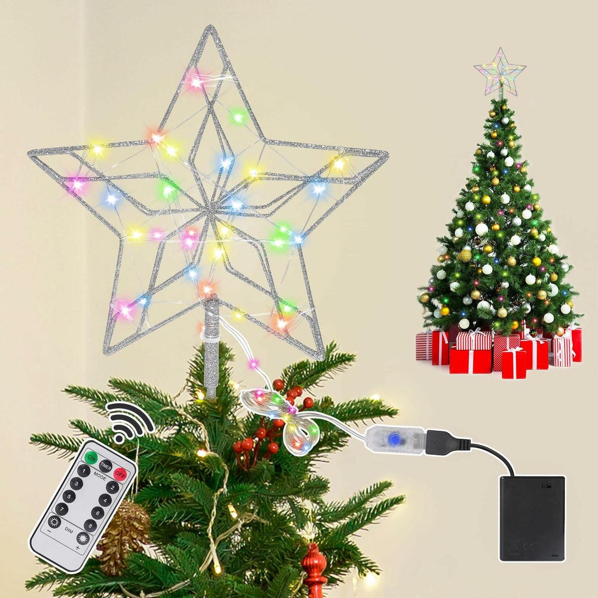 [Como nuevo] Estrella decorativa para árbol de Navidad con 50 luces LED, color plata, control remoto, decoración navideña