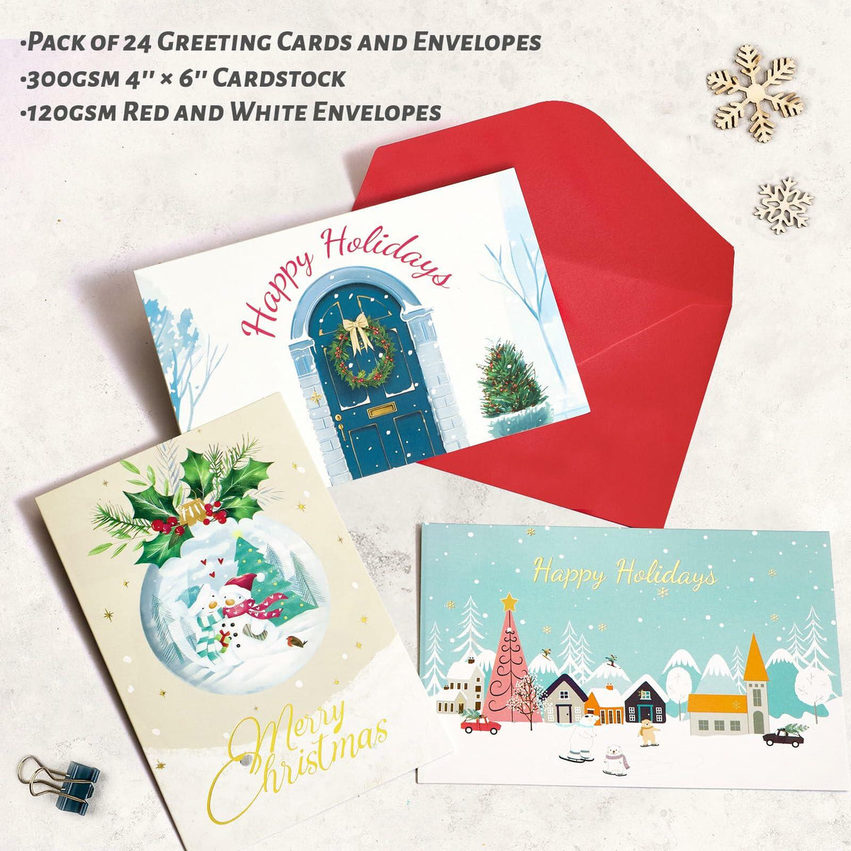 [Como nuevo] Tarjetas de Navidad STYPOP, paquete de 24, 4x6, diseños variados con sobres