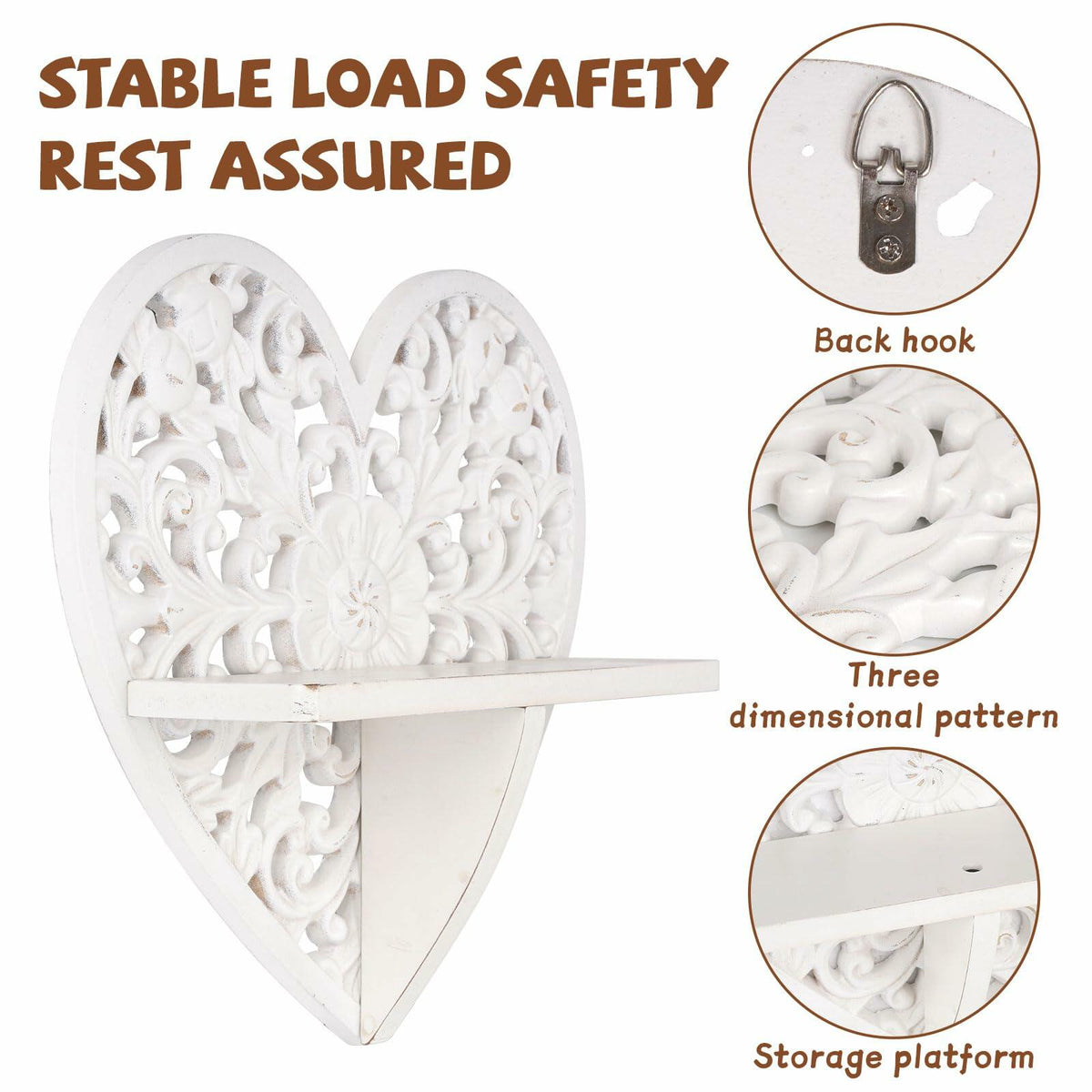 Multipurpose Floating Wall Shelf with Key Hooks Heart-Shaped 12" Vintage White